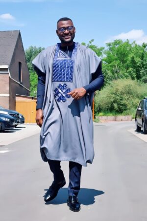 Mixed Grey and Blue Black African Native Embroidery Agbada - Shoyofab